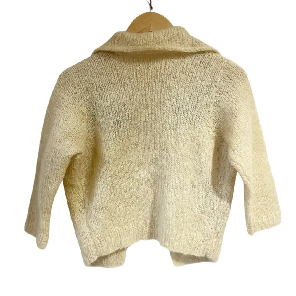 Vintage Handmade 3D Mohair Wool Ivory Beaded Cardigan - Picture 2 of 4